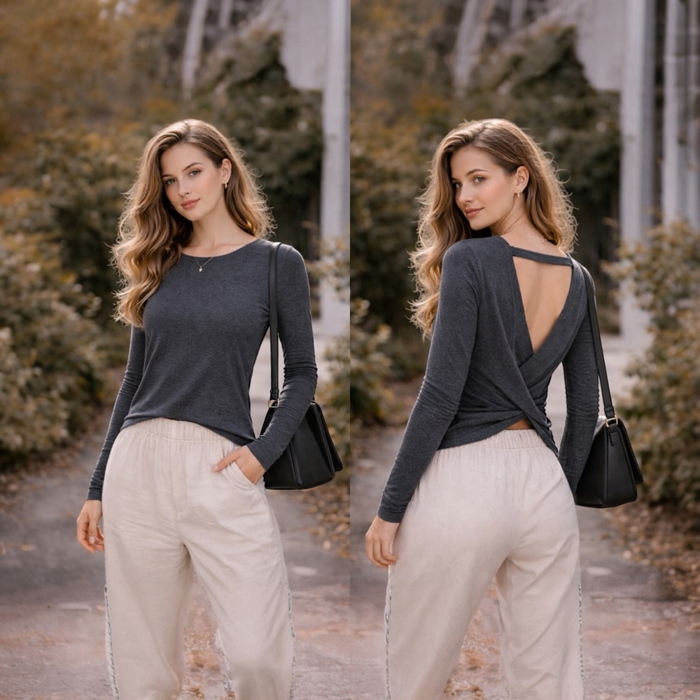 Charcoal Open Back Wrap Top Balletcore Soft Goth Minimalist Long Sleeve S